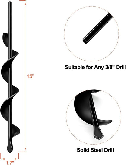 LONGRUN Auger Drill Bit for Planting-1.7"x15" Planting Auger, Garden Spiral Hole Drill Bulb Planter Tool for Planting, Bedding Plants, Flowers, Umbrella Holes - 3/8 Inch Hex Drive Drill Augers
