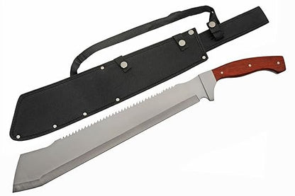 SZCO Supplies 25” Brown Wood Handle Heavy Duty Saw Back Forest Cleaver Machete With Sheath (926963-WD)