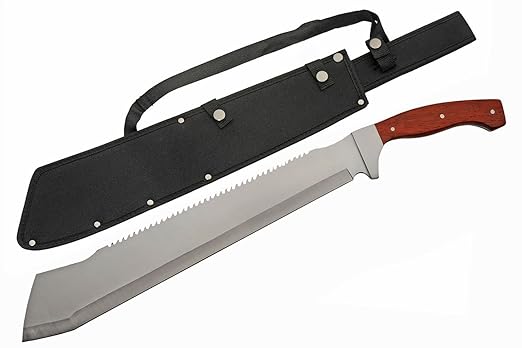 SZCO Supplies 25” Brown Wood Handle Heavy Duty Saw Back Forest Cleaver Machete With Sheath (926963-WD)