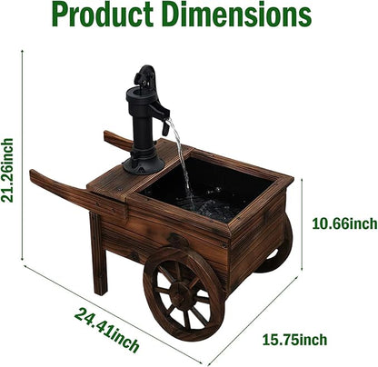 Carbonized Wood Outdoor Freestanding Fountain - Movable Vintage Hand Pump Cart, Solar-Powered Electric Decorative Water Feature for Patio, Garden & Indoor Decoration