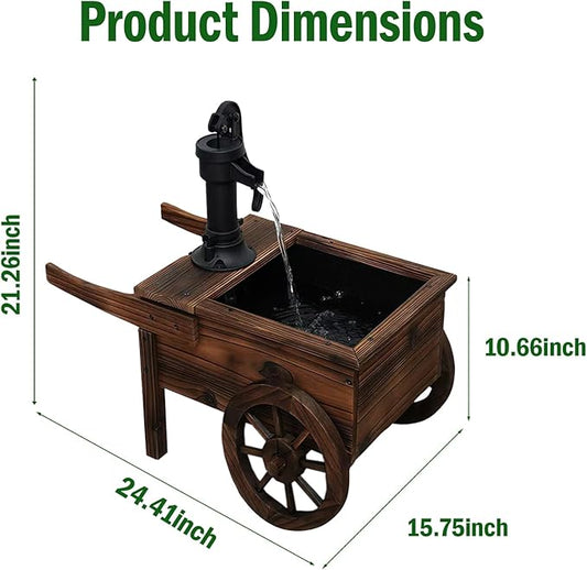 Carbonized Wood Outdoor Freestanding Fountain - Movable Vintage Hand Pump Cart, Solar-Powered Electric Decorative Water Feature for Patio, Garden & Indoor Decoration