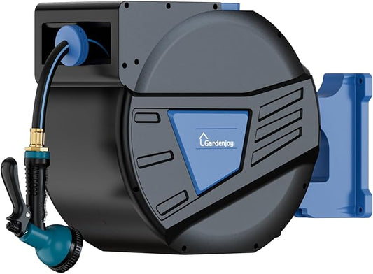 GARDENJOY Retractable Garden Hose Reel, 130ft x 1/2 inch Heavy Duty Garden Hose with 180°Swivel Wall Mounted Bracket, 10 Pattern Sprayer Nozzle, Any Length Lock & Slow Return System