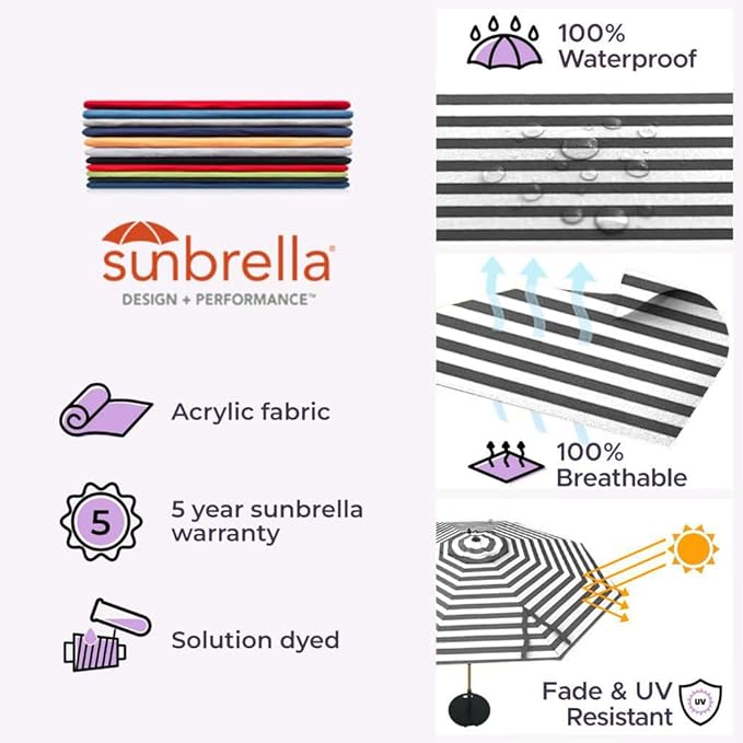 Midtown Umbrellas Push Pop Sunbrella Umbrella 8 Feet Outdoor Umbrella in Black & White Acrylic Fabric - Patio, Backyard, Garden, Picnic Table & Pool - Black Pole
