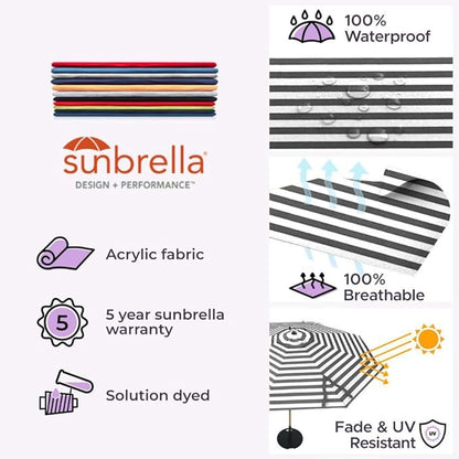 Midtown Umbrellas Push Pop Sunbrella Umbrella 8 Feet Outdoor Umbrella in Black & White Acrylic Fabric - Patio, Backyard, Garden, Picnic Table & Pool - Black Pole