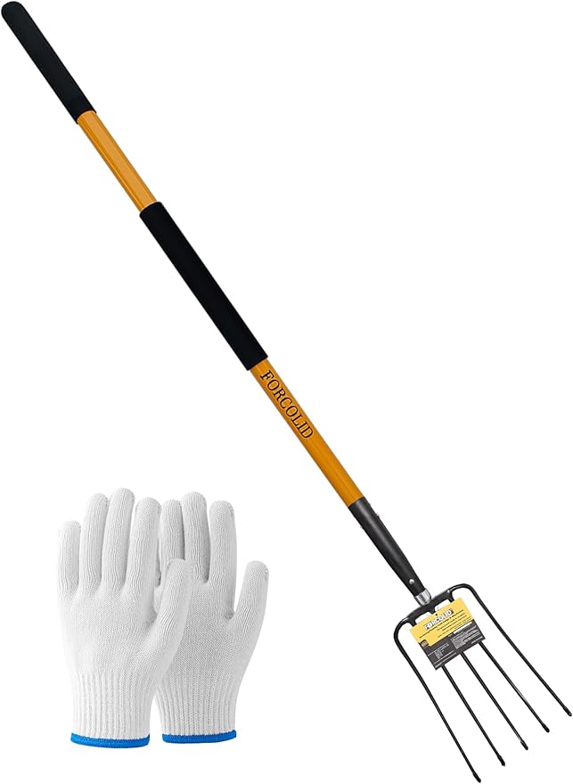 Pitch Fork-58 Inch，5-Tine Steel Garden Fork Heavy Duty, Mulch with Cushion Grip, Orange Fiberglass Handle