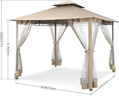 COBIZI Gazebo 10x10 Heavy Duty Gazebos with Improved Nettings Outdoor Gazebo Canopy Double Roof Patio Gazebos with Metal Steel Frame for Patio, Deck, Backyard (Khaki)