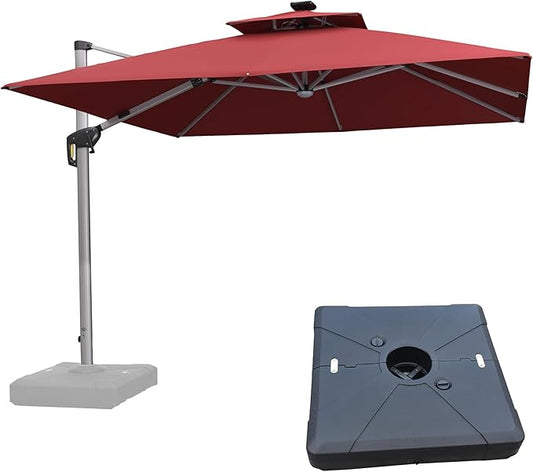 PURPLE LEAF 10 Feet Solar Powered LED Square Cantilever Umbrella With Base Patio Umbrellas Windproof Hanging Outdoor Umbrellas Offset Umbrella, Terra