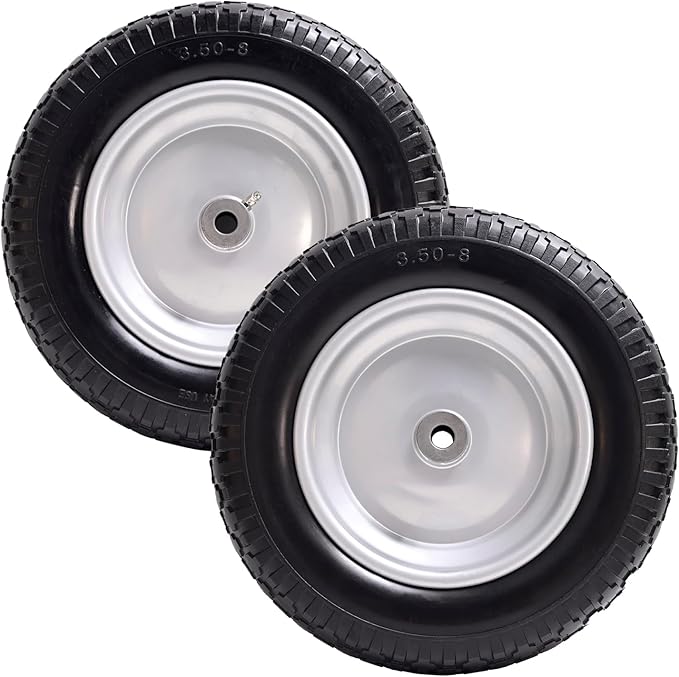 4.80/4.00-8 Tire, 14.5" Flat Free Wheelbarrow Tire and Wheel, 5/8" 3/4" Bearings Solid Replacement Tires, 3" -7" Centered Hub, Universal Fit 3.50/3.00-8, 4.00-6 Trolley Dolly Go Kar, 2 Pack