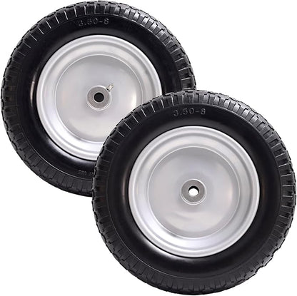 4.80/4.00-8 Tire, 14.5" Flat Free Wheelbarrow Tire and Wheel, 5/8" 3/4" Bearings Solid Replacement Tires, 3" -7" Centered Hub, Universal Fit 3.50/3.00-8, 4.00-6 Trolley Dolly Go Kar, 2 Pack