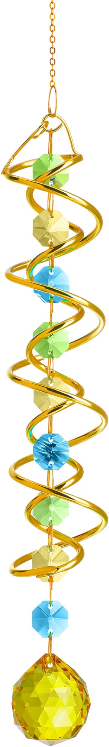 H&D HYALINE & DORA Glass Gazing Ball Spiral Tail Decorative Sun Catcher,20.5in Rainbow Maker Double-Spiral W/Yellow Crystal Ball Prism Sun Catcher for Indoor Outdoor Garden Decoration