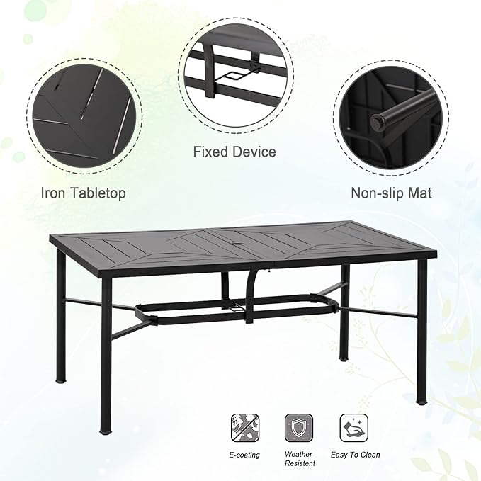 PHI VILLA 7 Piece Outdoor Dining Set for 6, 64" Metal Steel Dining Table with Umbrella Hole & Cushioned Rattan Chairs for Patio, Yard, Porch, Deck