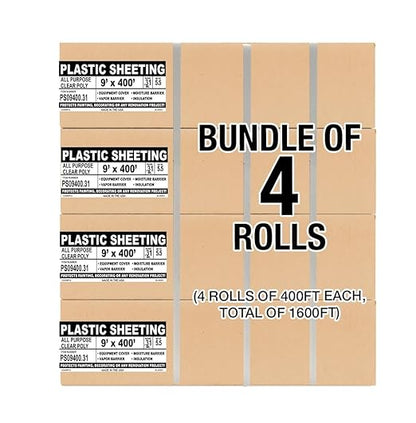 Aluf Plastics 7.8 Micron Clear All Purpose Vapor and Moisture Barrier Sheet Tarp/Drop Cloth - 4 Rolls of 9' x 400' - for Painting, Furniture, Carpet, Contractor, & Construction