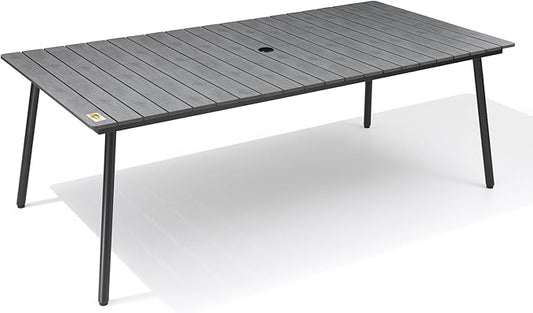 Outdoor Dining Table for 6-8, 82.7 inch Patio Dining Table with Wooden-Like Top and Aluminum Frame, Rectangular Table with Umbrella Hole Outdoor Furniture, Grey