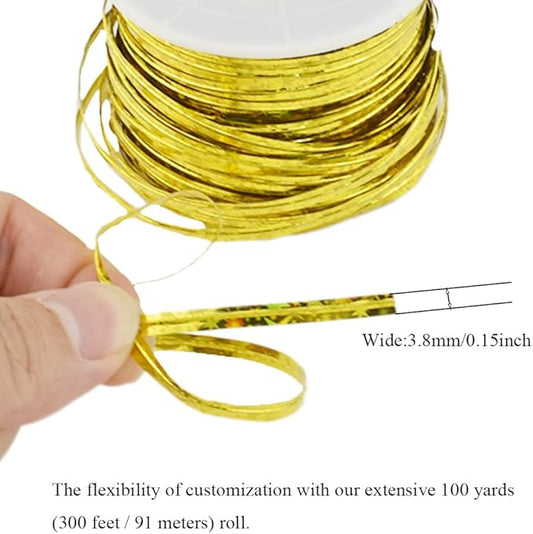 HAHIYO 100Yards/300Feet/91M Holographic Gold Metal Twist Ties Bread Candy Coffee Bag Ties Plant Garden Twist Ties for Cellophane Treat Bags Gift Wraping Bags Plastic Bags Party Cake Present Art Crafts