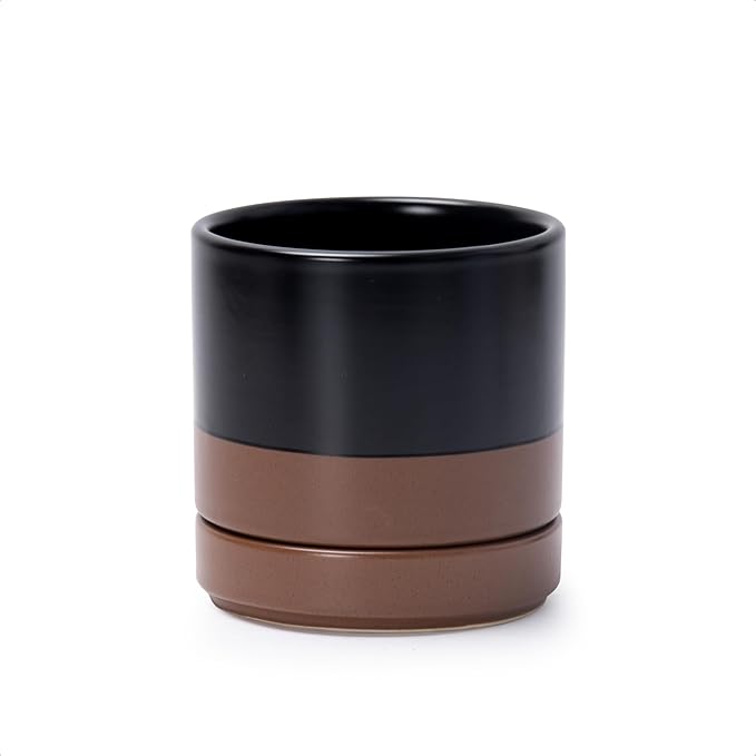 D'vine Dev 4.7 Inch Ceramic Planter Pot with Drainage Hole and Saucer, Indoor Cylinder Round Planter Pot, Black/Speckled Tan, 94-O-B-7