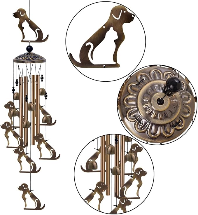 Outdoor Dogs Wind Chimes Indoor Decor - Hand-Made Mobile Romantic Bronze Wind Catcher, 36" Puppys Wind Bells for Home, Balcony, Patio, Garden Festival Decoration, Gift for Mom(4 Tubes, 6 Bells, 7Dogs)