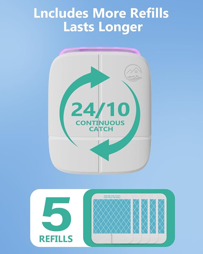 Flying Insect Trap, Plug-in Fruit Fly Trap, （1 Device +5 Glue Cards） Indoor Gnat Traps, 400 Sqft Protection Area, Suitable for Gnat, Moth, and Mosquito, and Can Used in Every Corner of Home