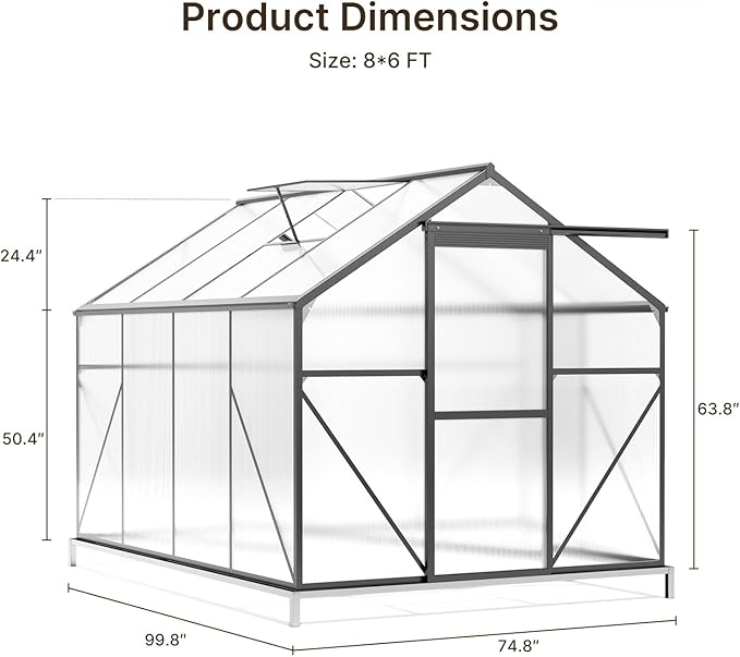 Gizoon 8x6 FT Outdoor Greenhouse, Polycarbonate Walk-in Garden House with Adjustable Roof Vent & Sliding Door, Aluminum Frame Garden Plant House for Backyard, Patio and Gardening (Black)