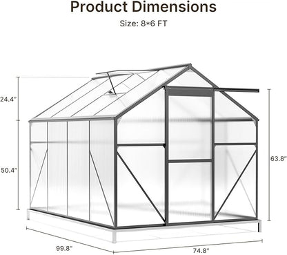 Gizoon 8x6 FT Outdoor Greenhouse, Polycarbonate Walk-in Garden House with Adjustable Roof Vent & Sliding Door, Aluminum Frame Garden Plant House for Backyard, Patio and Gardening (Black)