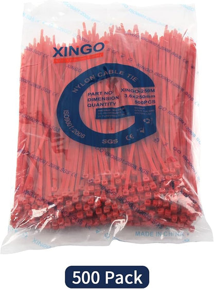 XINGO 10 Inch Cable Zip Ties (500 Pack), 40 Lbs Tensile Strength-Heavy Duty, Self-Locking Nylon Plastic Nylon Wire Ties for indoor and outdoor use(Red)