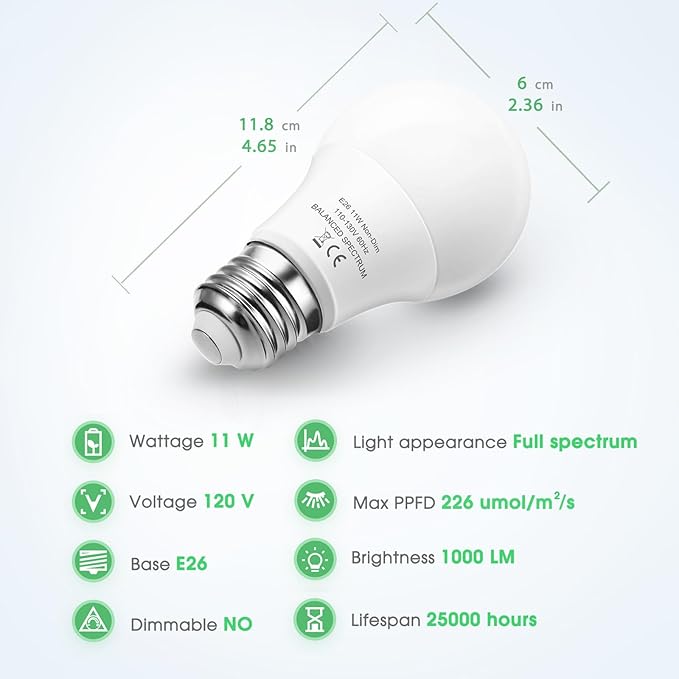 Grow Light Bulbs 5000K, LED Grow Light Bulb A19, Full Spectrum Light Bulb, Grow Bulb E26 Base, 11W Plant Light Bulbs 100W Equivalent, Grow Light Bulb for Indoor Plants, Flowers, Greenhouse, 2 Pack