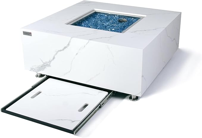 Elementi+ | Bianco Gas Fire Pit | Marble Porcelain & Metal Frame | 40" Square Fire Table | Electronic Ignition | Canvas Cover, Fire Glass & Burner Lid Included | White | Propane Gas