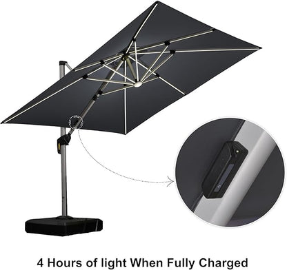 PURPLE LEAF 9 Feet Solar Powered LED Square Cantilever Umbrella With Base Patio Umbrellas Windproof Hanging Outdoor Umbrella Offset Umbrellas, Grey