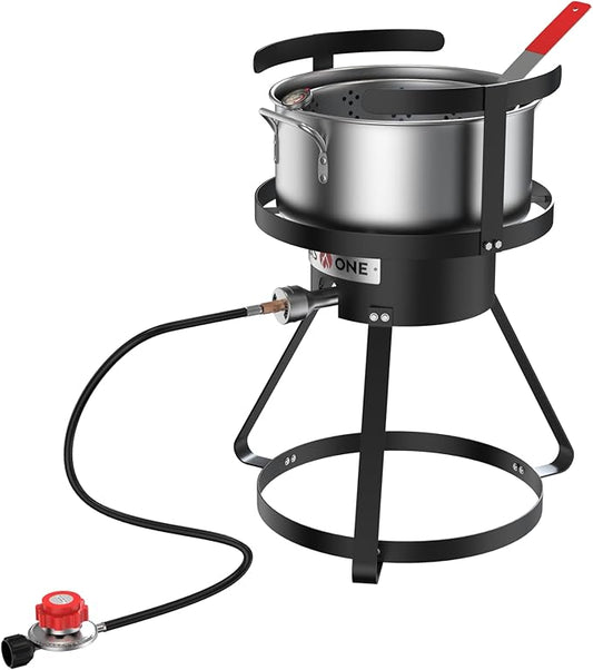 Gas One Propane Deep Fryer with 10Qt Deep Fryer Pot – High Grade Strainer Basket Aluminum Pot for Fish Fry Chicken Wings, Seafood Pot – Propane Burners for Outdoor Cooking Include Thermometer