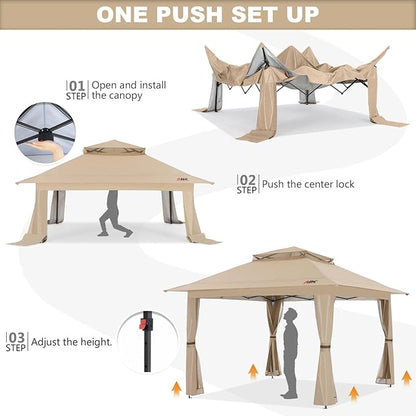 ABCCANOPY 13x13 Pop Up Gazebo, Outdoor Canopy Tent, Instant Screened Shelter with Mosquito Netting for Patio, Garden, Backyard, Party, Camping (Khaki)