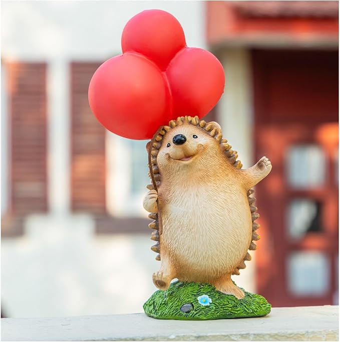WHIMSYNOOK 10.4" Resin Hedgehog with Balloon Solar LED Garden Statue Light, Ideal for, Porch, Lawn, Yard, Housewarming, or Birthday Gifts for Mom, Family, and Hedgy Lovers