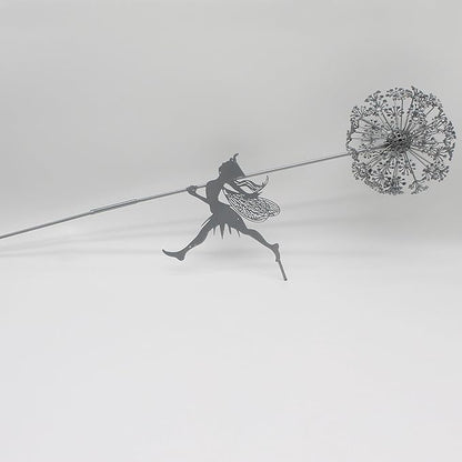 Flower Fairy Dancing with Dandelion Garden Art Sculpture Stainless Steel Statue Christmas Halloween Decoration for Outdoor Yard Courtyard Lawn Patio Metal Ornaments (Long Travel)