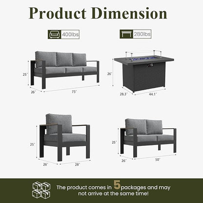LayinSun 7 Piece Aluminum Outdoor Furniture Set with Fire Pit Table, Outside Patio Deep Seating Conversation Set with Upgraded Washable Thick Cushion