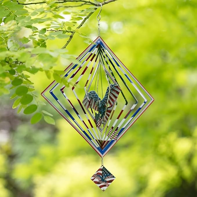 Wind Spinner for Outdoor,12 inch Hanging Wind Sculpture,3D Stainless Steel Flag Eagle Design Wind Spinners Art Ornaments for Garden Yard Balcony Decor (Flag Eagle Wind Spinner)