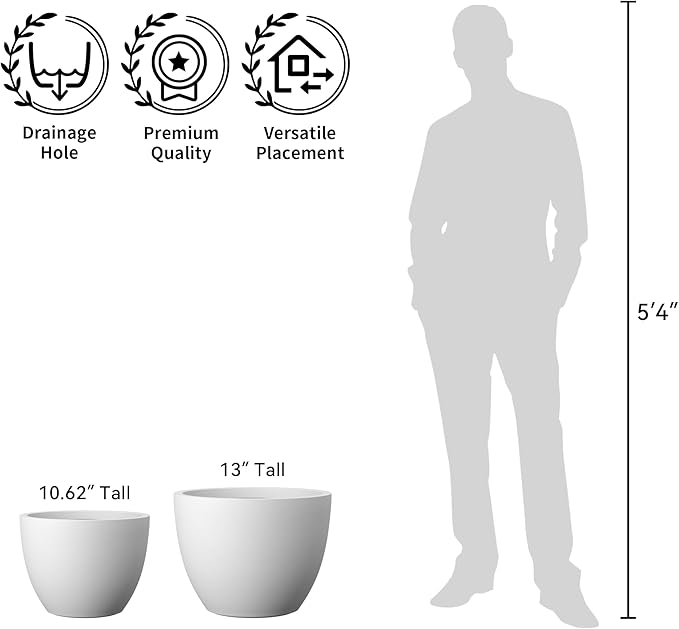 Kante 17.3 Inch Round Concrete Planter - Classic Large Indoor/Outdoor Plant Pot with Drainage Hole and Rubber Plug, Suitable for Gardens and Patios, White Finish with Aqua Blue Interior