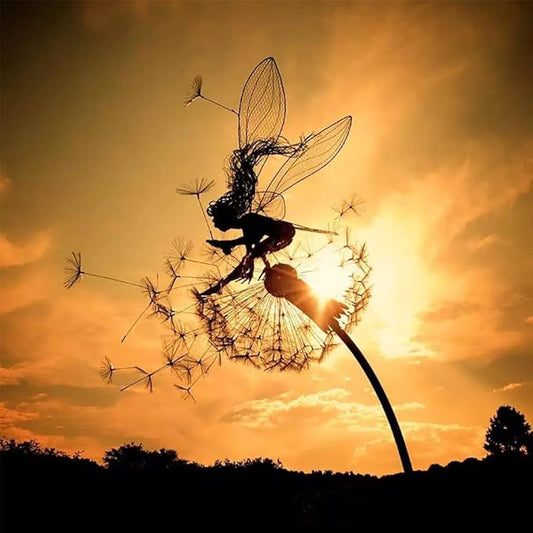 Flower Fairy Dancing with Dandelion Garden Art Sculpture Stainless Steel Statue Christmas Halloween Decoration for Outdoor Yard Courtyard Lawn Patio Metal Ornaments (Hurdle)