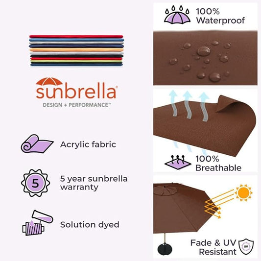 Midtown Umbrellas Push Pop Sunbrella Umbrella 10 Feet Large Outdoor Umbrella With Bay Brown Acrylic Fabric - Deck Patio Umbrella, Backyard Umbrella, Garden Umbrella & Pool Umbrella - Black Pole
