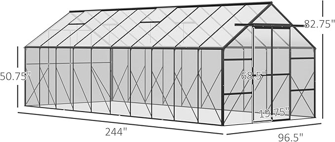 Outsunny 20' x 8' Polycarbonate Greenhouse with Aluminum Frame, Walk-in Garden Greenhouse Kit with Adjustable Roof Vent, Rain Gutter and Sliding Door for Backyard, Patio, Clear