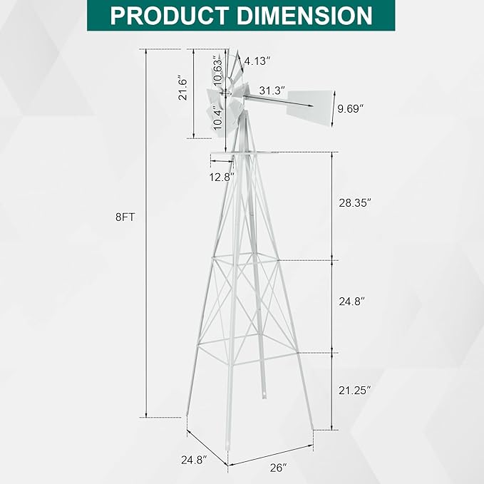 8FT Windmill for Yard Garden Decoration with Weather Vanes，Heavy Duty Outdoor Wind Mills, Large Metal Outdoor Windmill,Weather Resistant,White