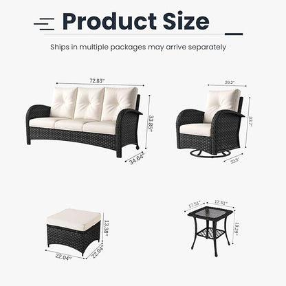 6 Pieces Patio Furniture Sets, Wicker Rattan High Back Outdoor Swivel Rocking Chairs Set with 3-Seat Couch, Ottomans and Side Table