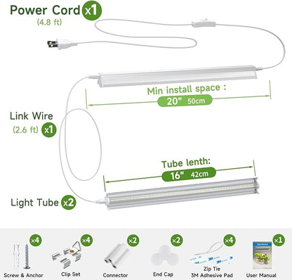 T5 Grow Lights for Seed Starting, 16 inches, 2-Count (10W x2) Full Spectrum LED Plant Light Bar w/Reflectors for Seedlings, 4000K White Growing Strips for Shelf/Rack