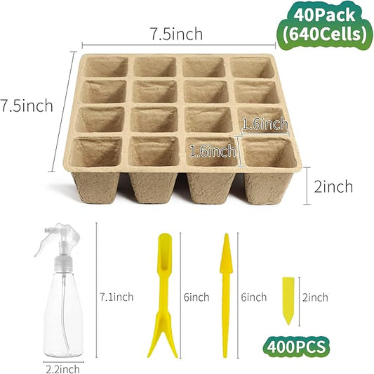 640Cells Seedling Start Trays,40 Pack Peat Pots Seedling Pots Biodegradable,Seedling Starter Kit,Organic Germination Plant Starter Trays