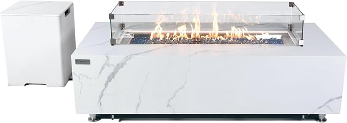Elementi+ | Bundle Carrara Gas Fire Pit | Marble Porcelain & Metal Frame | 60" Rectangular Fire Table | Electronic Ignition | Canvas Cover, Fire Glass & Burner Lid Included | White | Propane Gas
