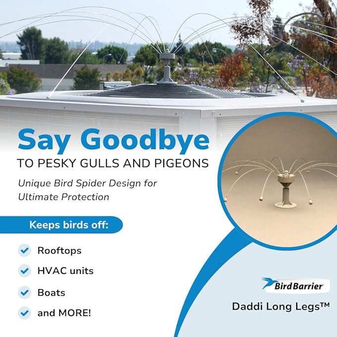 Bird Barrier Daddi Long Legs - 8 Ft | Scare Birds Away with Innovative Bird Spider Design | Bird Deterrent for Outside | Easy Installation on Roofs, Boats & HVAC Units | Durable Stainless Steel/Delrin