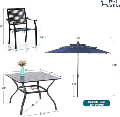 PHI VILLA 5 PCS Outdoor Dining Set with Umbrella for 4, Metal Steel Square Dining Table & Stacking Chais & 3-Tier Round Umbrella, Dining Furniture Set for Patio, Deck, Yard and Porch