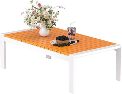 Aluminum Outdoor Coffee Table - White Rectangle Patio Tables with Teak Top for Deck, and Poolside