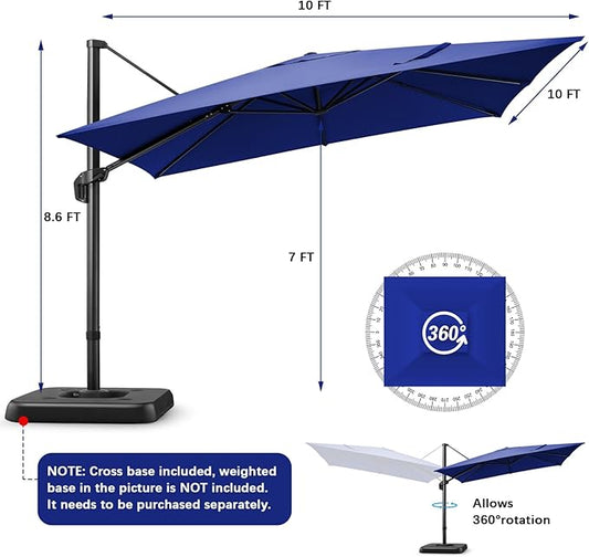 Hotime 10ft Patio Umbrella Outdoor Patio Height adjustable and Windproof, Heavy Duty Aluminum Square Offset Patio Umbrella Cantilever Pool Umbrella with 360°Rotation for Garden Deck Pool, Dark Blue