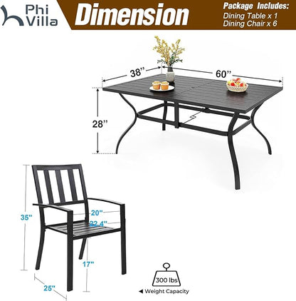 PHI VILLA 7 Piece Outdoor Dining Set for 6, 60” Rectangular Metal Steel Dining Table with Umbrella Hole & Stackable Dining Chairs for Patio, Deck, Yard, Garden