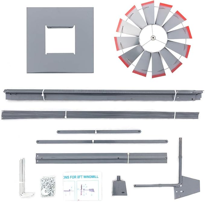 8FT Windmill for Yard Garden Decoration with Weather Vanes，Heavy Duty Outdoor Wind Mills, Large Metal Outdoor Windmill,Weather Resistant,Gray