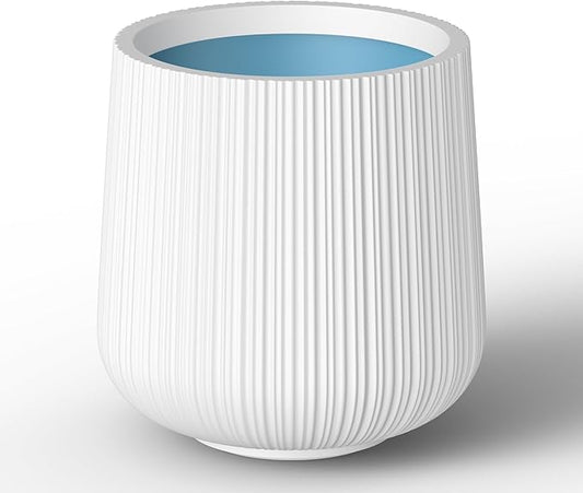 Kante 13.0" Dia Round Fluted Concrete Planter, Large Plant Pot with Drainage, Smooth White Finish with Aqua Blue Interior, for Indoor and Outdoor Use