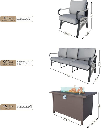 4 Pieces Patio Conversation Sets, All Weather Metal Outdoor Furniture Set, 3-Seater, 2 Single Chairs, 1 Fire Pit Table for Backyard Garden Deck Porch Poolside, Gray